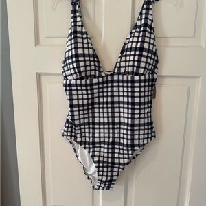 J. Crew Navy and White Gingham Seersucker Swimsuit NWT